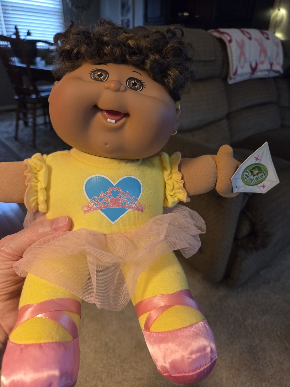 Yellow & Pink Ballerina Plush Doll with Heart Tiara Print